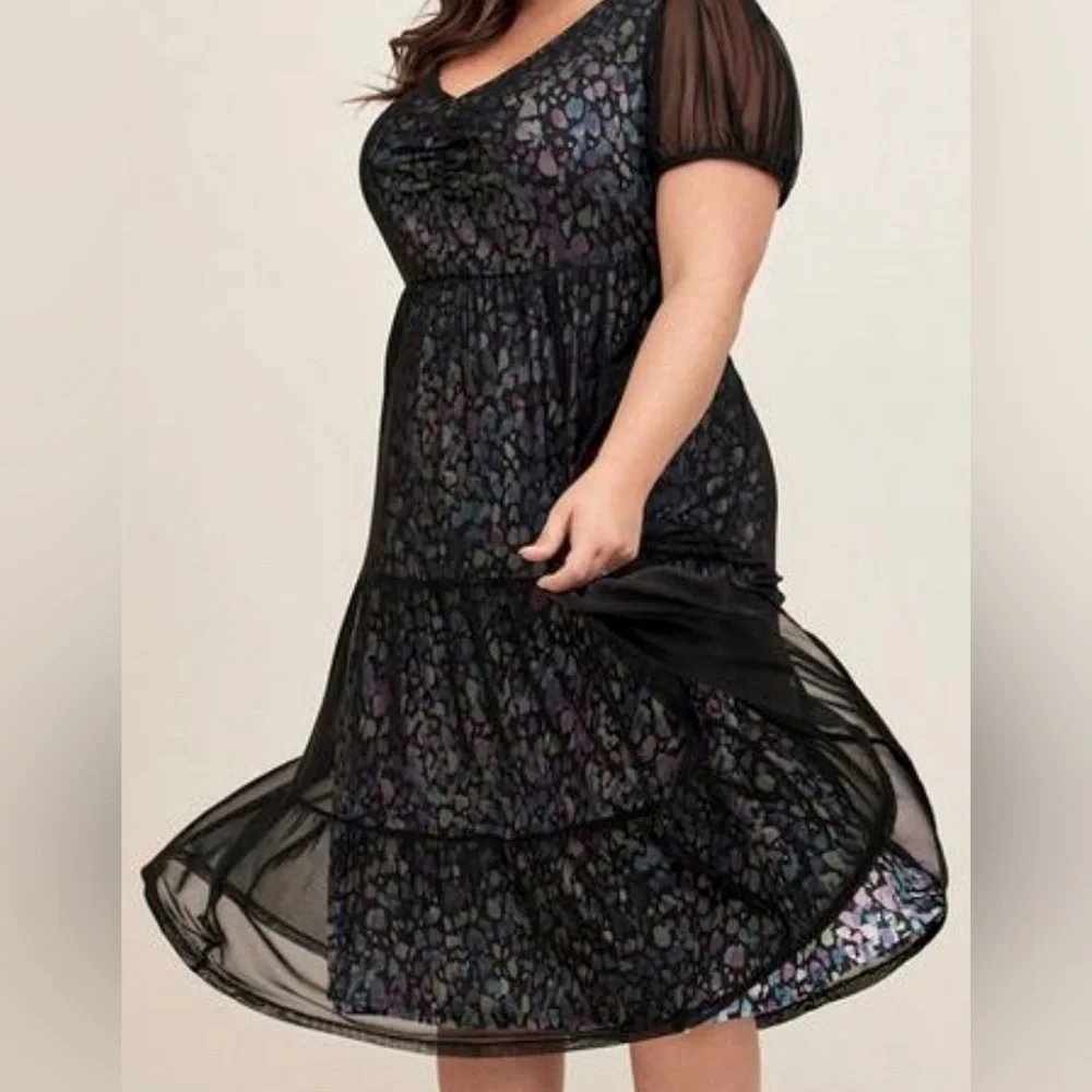 Torrid Tiered Midi Dress - Soft Mesh Spotted Black - Picture 1 of 9